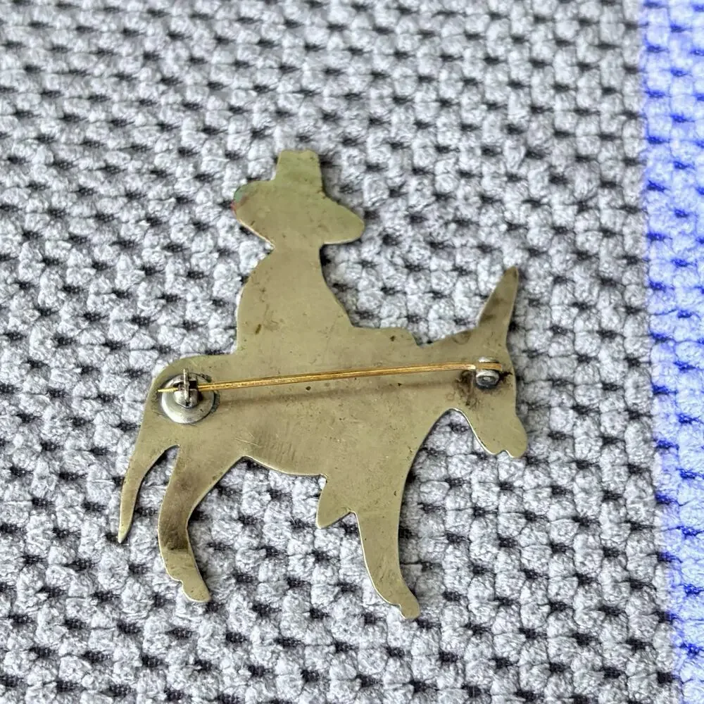 Vintage Cowboy Riding Burro Donkey Brooch Pin Folk Art Style Unmarked